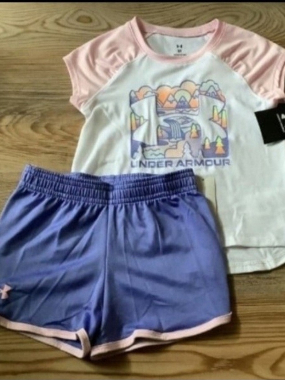 Under Armour Girls' Short Sleeve Tee & Purple Athletic Shorts Set Size 3T(NWT)